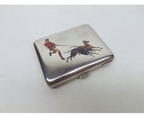 A Late 19th Century Continental white metal Cigarette Case decorated with an enamel scene of huntsman and two greyhounds, 3 1