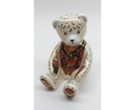 Royal Crown Derby Paperweight, Debonair Bear, (silver button), 4 1/2" high  