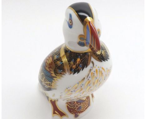 Royal Crown Derby Paperweight of a Puffin, (silver button), 4 3/4" high  