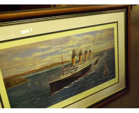 Simon Fisher coloured limited edition print "The Titanic off Cowes, Isle of Wight", numbered 22/850, signed by artist, 38" wi