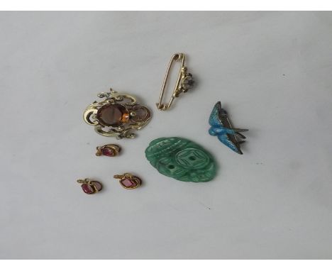 Mixed lot including a Victorian Gold frame yellow stone Brooch, three red stone and serpent buttons, Pearl set pin, enamelled