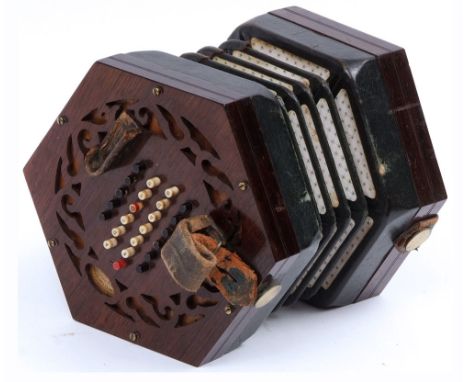 Mid-19th Century Louis Lachenal 24 button Accordion/Concertina, central paper covered bellows, finished with hexagonal Rosewo