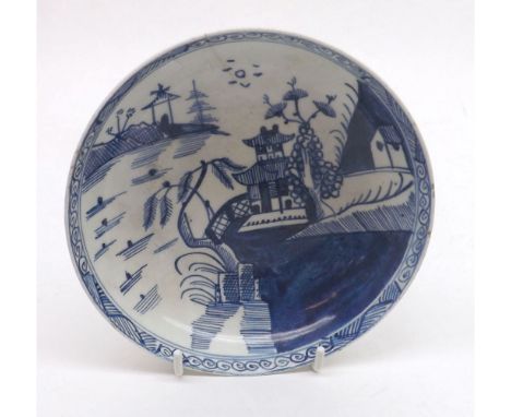 A Lowestoft Saucer decorated in underglaze blue with a Chinese river scene within a scroll and hatched zig-zag border, (hairl