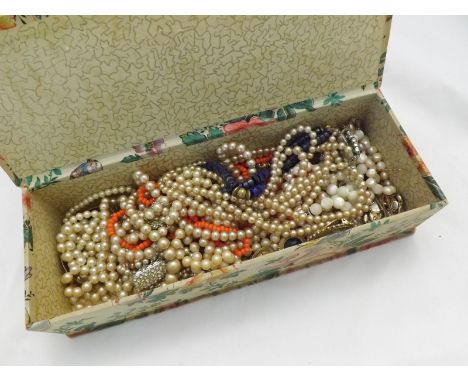 Fabric covered box containing quantity of pearl type and other Necklaces, costume Brooches etc