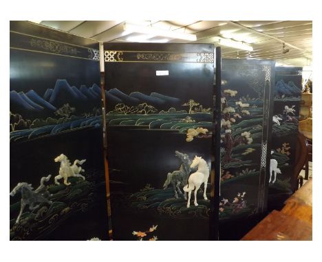19th Century Oriental six-panel folding floor screen decorated with rampant horses and trees on a black background with paint