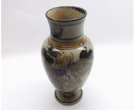 Late 19th Century Martinware wide neck tapering baluster Vase, decorated with sprays of roses on a pale background, marked to