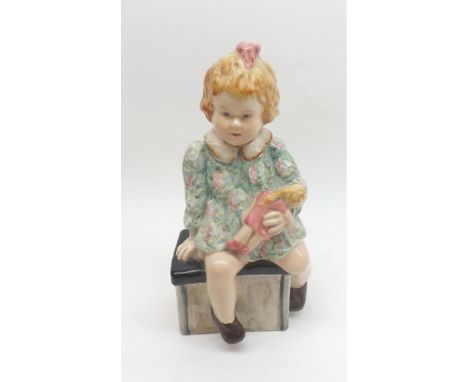 A Goldscheider Figure of young girl with a doll, green printed mark and impressed No 727, painted in colours, 8 1/2" high 