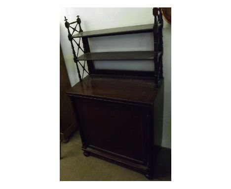 Pair of Regency Mahogany side Cabinets, the two shelf backs with turned X-shaped supports (some detached), the bases with pil