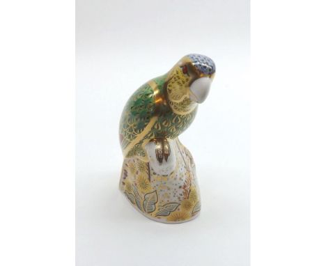 A Royal Crown Derby Paperweight of an Amazon Green Parrot (gold button), 6" high  