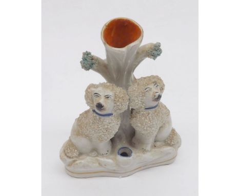 Small 19th Century Staffordshire combination Inkwell and Stem Vase formed as two poodles beside a tree trunk, 5 1/2" high  