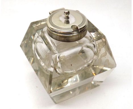 A heavy cut glass Inkwell of square form, fitted with a hinged Silver plated lid, 4" high  