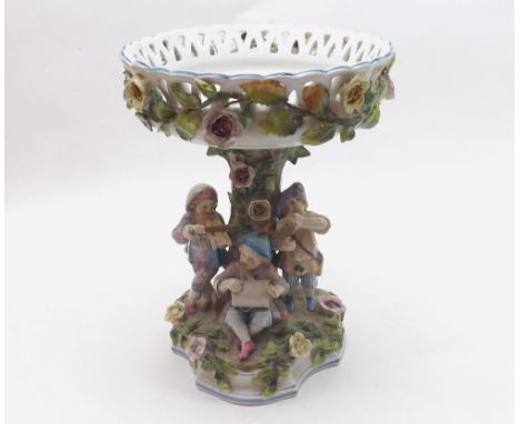 19th Century Continental Centrepiece, formed as a Bowl raised on tree trunk with three attendant musicians, decorated all ove