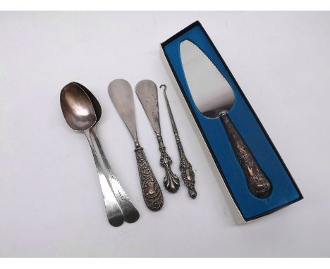 A Mixed Lot comprising: two George III Silver Old English pattern Tablespoons, one with bright cut decoration; together with 