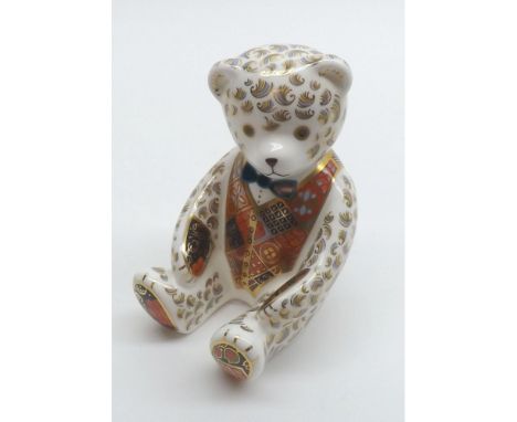 Royal Crown Derby Paperweight, Teddy Bear, (silver button), 4 1/2" high  