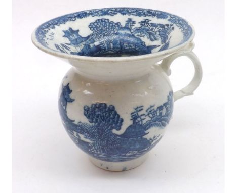 A Caughley (Salopian) Ware Spittoon, decorated in underglaze blue with Chinese river scenes, with a wide tapering rim and scr