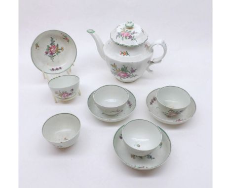 An 18th Century English Part Tea Set comprising a balustered teapot, five tea bowls and four saucers (teapot has repaired fin