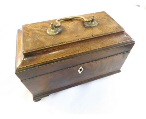 Georgian Mahogany tea caddy of rectangular form, the lid with Brass swan neck handle, the interior three void compartments ra