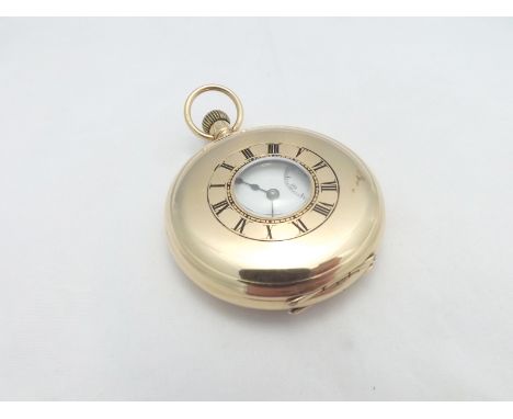 A first quarter of 20th Century 18ct Gold, half Hunter, keyless, Pocket Watch, A W W Co - Waltham, Mass, 20177979, the adjust