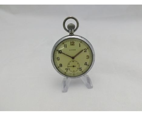 A mid-20th Century Government issue, base metal, cased, open face, keyless, Pocket Watch, Cyma, 353522, the Swiss 15-jewel mo