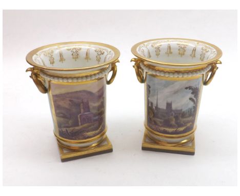 Pair of flight bar and bar Worcester two handled Urns of cylindrical form with flared necks, moulded on either side with gild