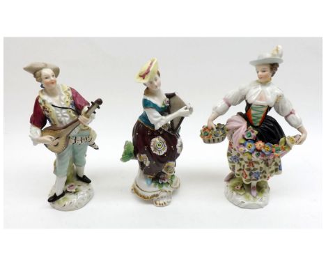 A collection of three various German Porcelain Figures, female lute player (part of instrument missing), male mandolin player