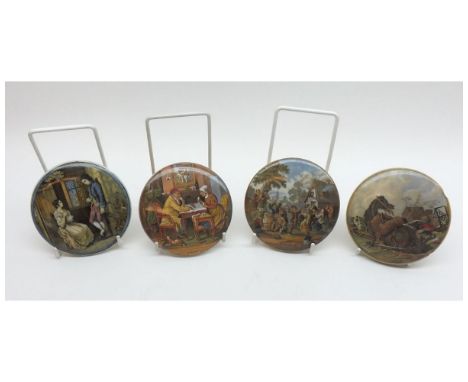 A collection of four Prattware Pot Lids: The First Appeal (rim chip and hairline crack); A Pair (rim chips); The Village Wedd
