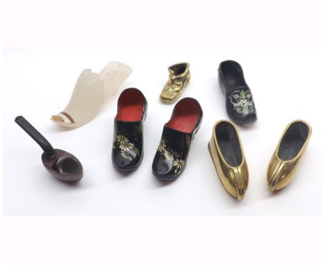 A Mixed Lot of Model Shoes, to include Carved Soapstone example, Novelty Brass examples, 19th Century Ebonised Wood examples 