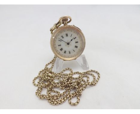A late 19th Century Swiss 14K, open face, keyless, Fob Watch, the frosted gilt and jewelled movement with blued steel screws,