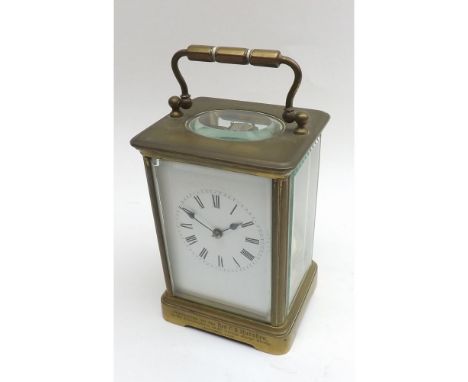An early 20th Century French Brass cased Carriage Clock, R & Co, the silvered cylinder platform escapement with strike on a b