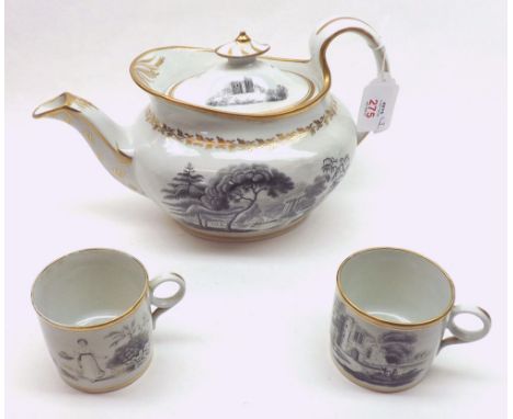 19th Century English oval Tea Pot decorated with classical scenes and gilt highlights together with two accompanying Cups, Te