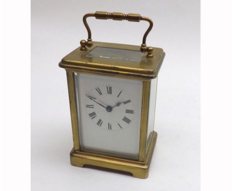Early 20th Century French lacquered Brass Carriage Timepiece, the cylinder escapement to a Roman enamel dial (hairlines) with