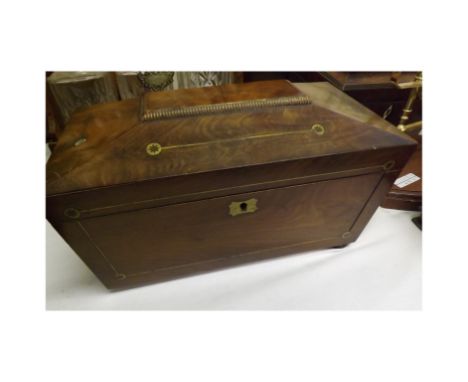 19th Century Mahogany Brass inlaid tea caddy of sarcophagus form, the hinged lid opening to an interior with two lift off lid
