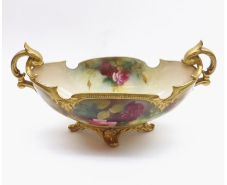 Oval Worcester double handled Bowl, decorated with gilt highlights and rose detail, raised on four spreading feet, numbered 2
