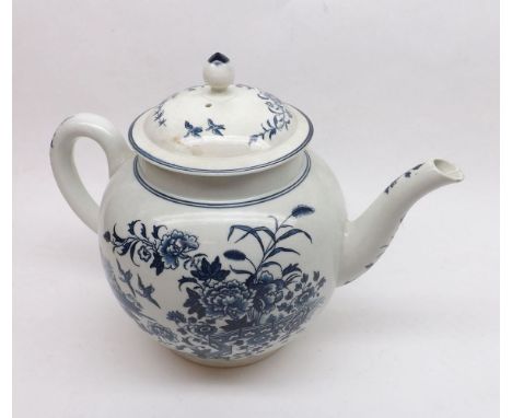 A large 18th Century Worcester Globular Teapot, painted in underglaze blue with a fence pattern, (slight losses to tip of spo