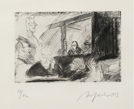 Hrdlicka, Alfred1928 - 2009Blattgröße: 40 x 50 cm; 16,1 x 24,1 cm, R."Mahler-Prozeß Moabit", 1973. Radierung auf Bütten. Sign