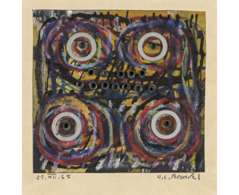 Brendel, Walter1923 - 201311,2 x 11,6 cm, o. R.Ohne Titel, 1965. Mischtechnik auf Papier. Signiert und datiert.