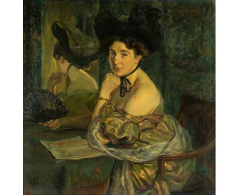 Bauer, Karl1868 - 1942100 x 100 cmPortrait einer Dame mit Fächer beim Lesen. Öl/Leinwand, signiert und datiert I. 1904.