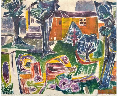 Strohhäcker, Reinhold1900 - 197557 x 69 cm, R."Garten in Ascona". Farbholzschnitt. Signiert und bezeichnet "Originalfarbholzs