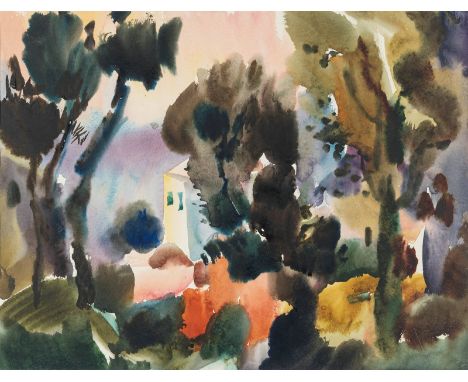 Unbekannt50 x 65 cm, R.Häuser hinter Bäumen, 1969. Aquarell auf Papier. Signiert und datiert.