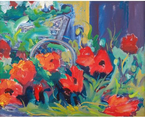 Lang, Hans1914 - 198664 x 80 cm, R.Mohnblumen vor Kinderwagen, um 1970. Öl auf Leinwand.