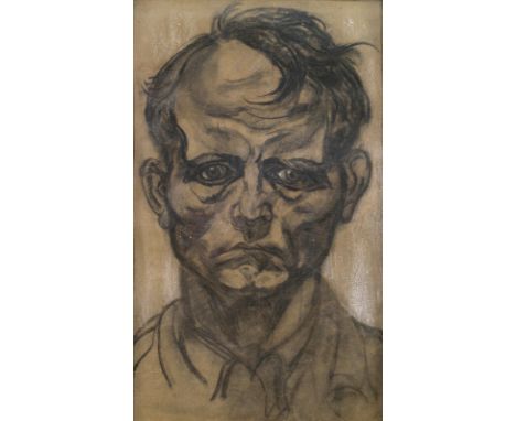 Stirner, Karl1882 - 194338 x 22 cm, R.Männerbildnis, 1913. Kohle und weiße Kreise auf Papier. Datiert.