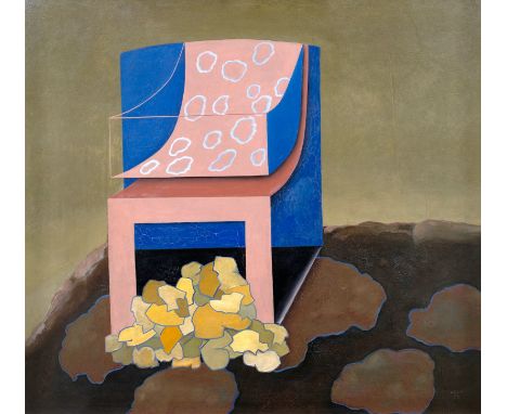 Weiss (?)80 x 90 cm, R.Komposition mit einer Stuhlform. Öl auf Hartfaserplatte. Signiert.