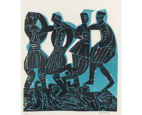 Grieshaber, HAP1909 - 198133 x 30 cm, o. R.5 Bl.: Tanzende Griechen. Farbholzschnitt auf Papier. Alle signiert und nummeriert
