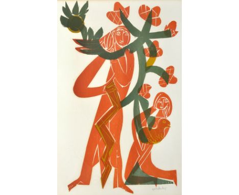 Grieshaber, HAP1909 - 198155,5 x 35 cm, R."Uf dem anger II", 1965. Farbholzschnitt auf Bütten. Signiert.