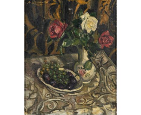 Schmitt, August Ludwig1882 - 193648 x 38 cm, R.Stillleben mit Blumen und Früchten, 1925. Öl auf Leinwand, auf Holz. Signiert 