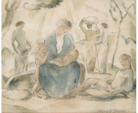 Gref, Franz Heinrich1872 - 195720,5 x 24,5 cm, R.Mutter mit Kindern, 1920. Aquarell und Bleistift auf Papier. Signiert und da