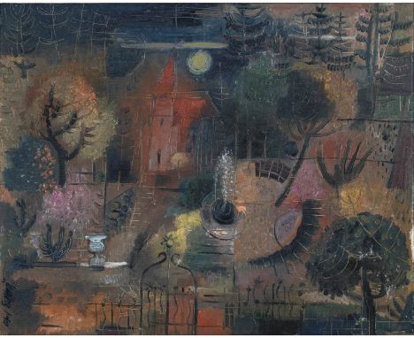 Eichhorn, AlfredSt. Valentin, 1909 - Donnerskirchen, 197261 x 76 cm, R."Abendlicher Garten", 1942. Öl auf Hartfaserplatte. Si