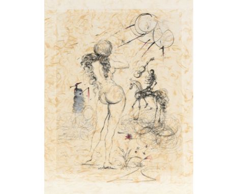 Dalí, Salvador1904 - 198932 x 24 cm, o. R.Weiblicher Akt. Radierung und Aquarell auf Papier. Signiert.