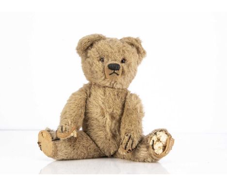 A 1930's Chad Valley teddy bear,  with beige alpaca plush, orange and black glass eyes, black stitched nose, mouth and claws,