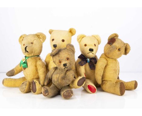 Five post-war British teddy bears,  including a Pedigree and a Chiltern-- 17in. (43cm.) high; (all in a worn condition)